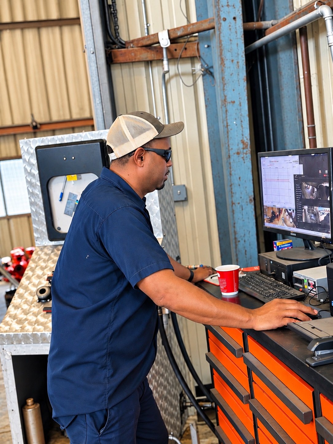 GOR team member monitoring equipment from a shop workstation