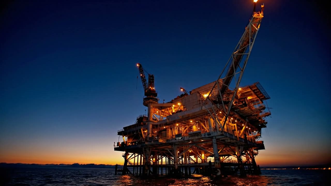 Offshore platform at dusk in the Gulf of Mexico